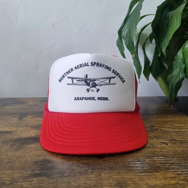Vintage American Trucker Hat Snapback cap one size ariel spraying plane white red