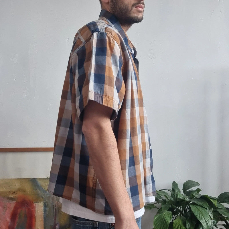 Lee Boxy Fit Cropped Shirt short Sleeve XL check brown blue Button Up Skater Y2K Surf