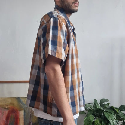 Lee Boxy Fit Cropped Shirt short Sleeve XL check brown blue Button Up Skater Y2K Surf