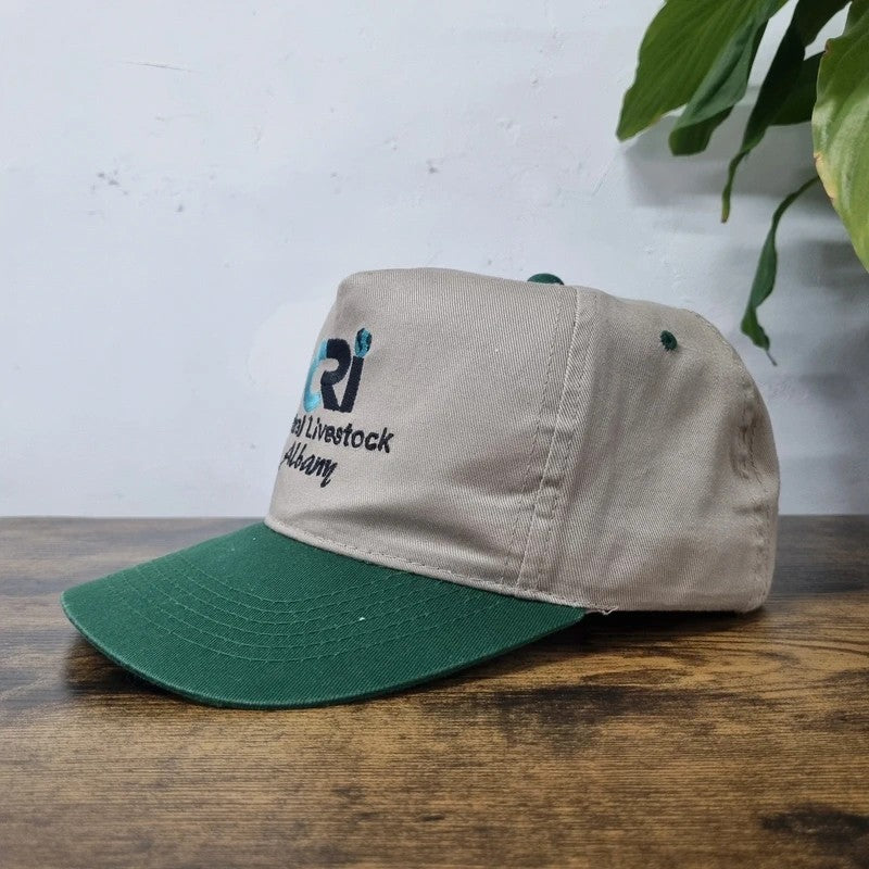Vintage American Baseball Hat Snapback cap one size adjustable beige green central livestock