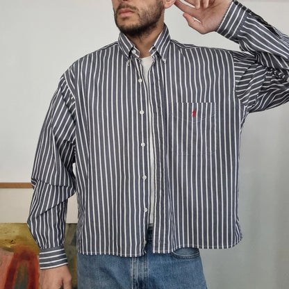 Vintage Ralph Lauren Boxy Fit Cropped Shirt Long Sleeve Medium striped Black Button Up Skater Y2K