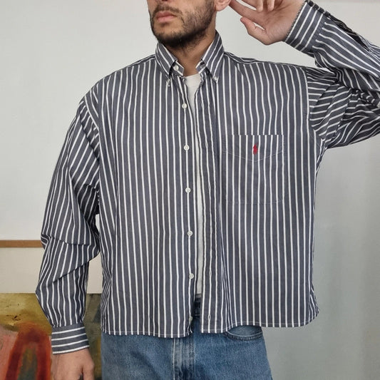 Vintage Ralph Lauren Boxy Fit Cropped Shirt Long Sleeve Medium striped Black Button Up Skater Y2K