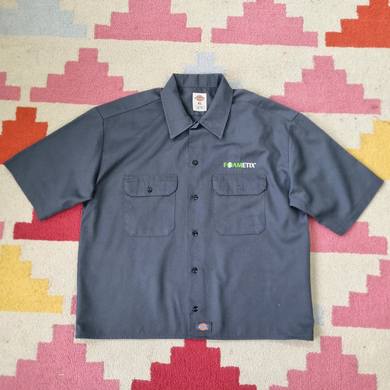 Vintage Dickies Boxy Fit Cropped Shirt Short Sleeve large plain grey button Up Skater Y2K Surf