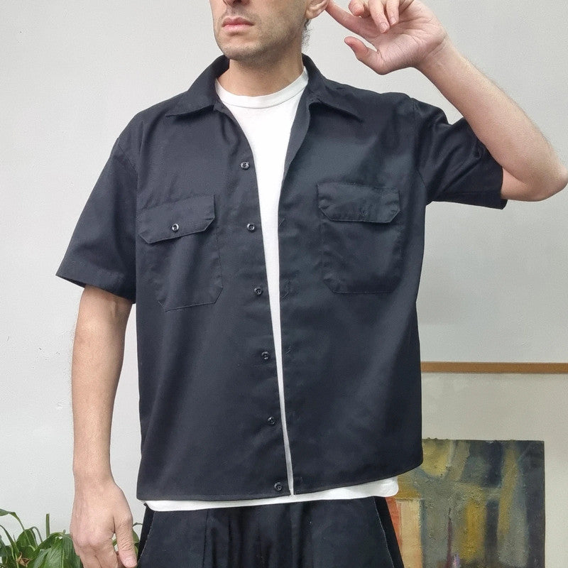 Vintage Dickies Boxy Fit Cropped Shirt Short Sleeve Medium plain Black Button Up Skater Y2K Surf