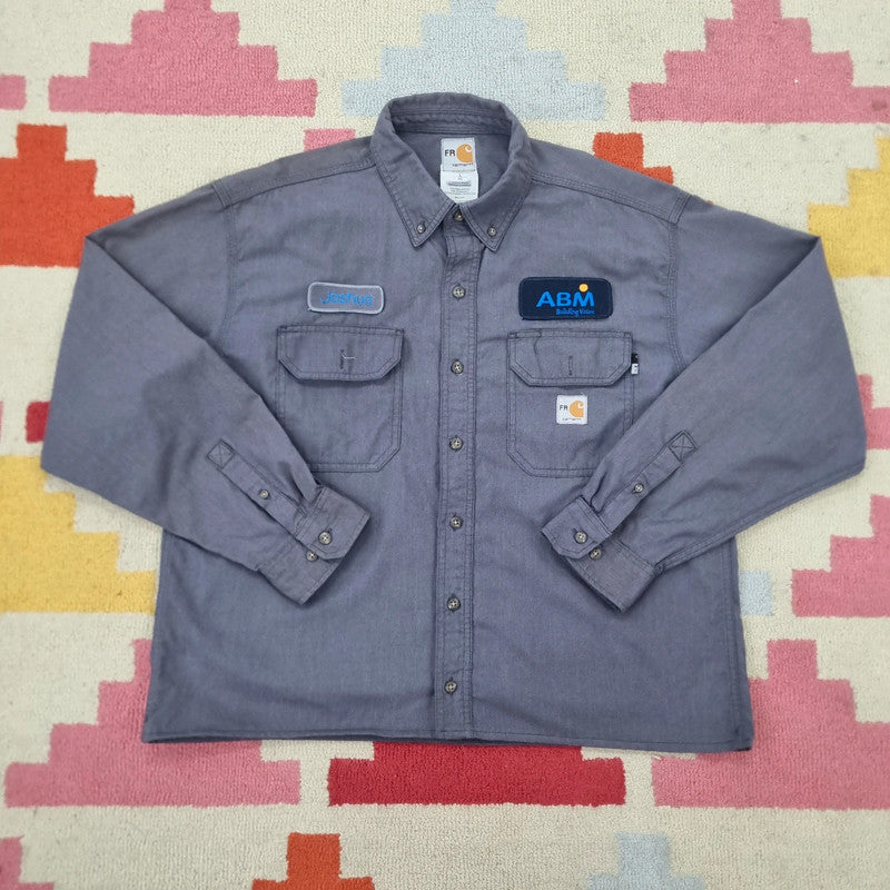 Carhartt FR Boxy Fit Cropped Shirt Long Sleeve Large plain Grey Button Up Skater Y2K Surf