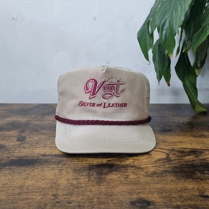 Vintage American Trucker Hat Snapback cap one size adjustable beige silver and leather