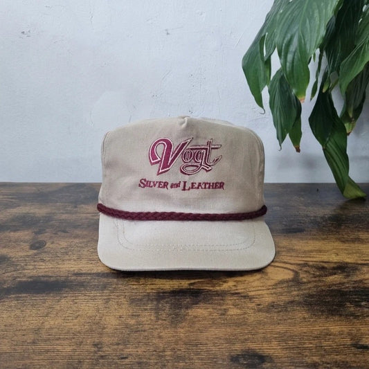 Vintage American Trucker Hat Snapback cap one size adjustable beige silver and leather