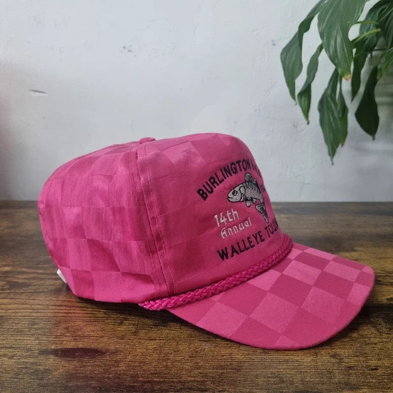 Vintage American Trucker Hat Snapback cap one size pink Burlington Fish tournament