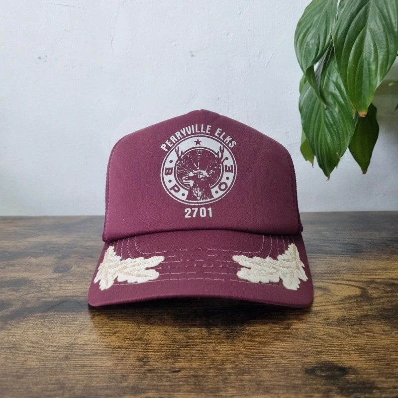 Vintage American Trucker Hat Snapback cap one size adjustable burgundy Perryville Elks