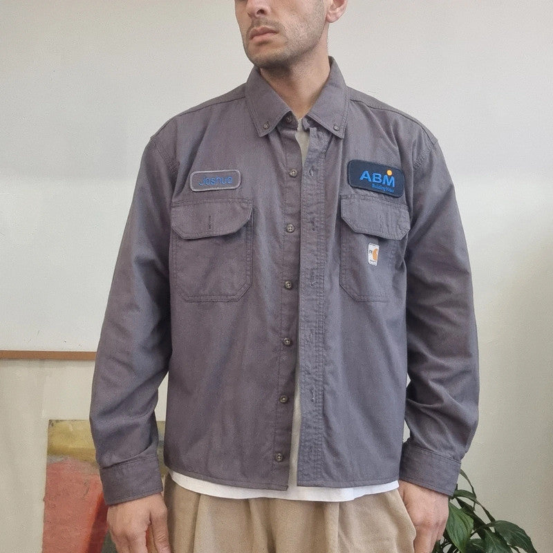 Vintage Carhartt FR Boxy Fit Cropped Shirt Long Sleeve large plain Grey Button Up Skater Y2K