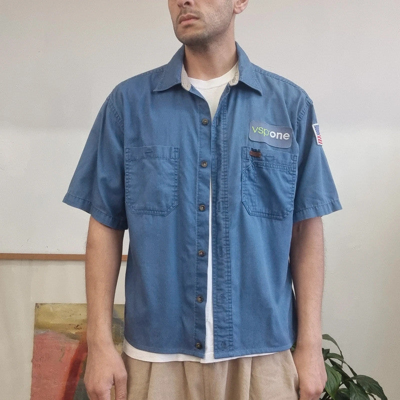 Vintage Carhartt Boxy Fit Cropped Shirt Short Sleeve large plain Blue Button Up Skater Y2K Surf