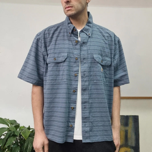 Carhartt Boxy Fit Cropped Shirt Short Sleeve XL Striped Blue Button Up Skater Y2K Surf