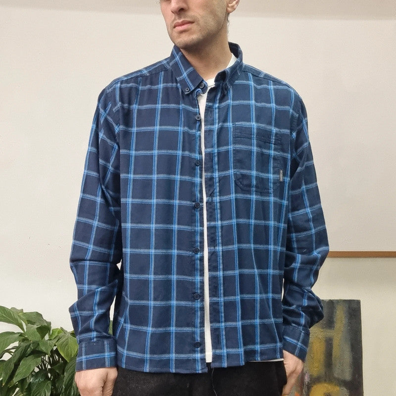 Vintage Columbia Boxy Fit Cropped Shirt Long Sleeve XL Check Blue Button Up Skater Y2K Surf