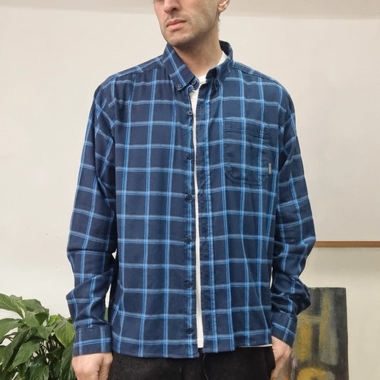 Vintage Columbia Boxy Fit Cropped Shirt Long Sleeve XL Check Blue Button Up Skater Y2K Surf