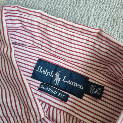 Vintage Ralph Lauren Boxy Fit Cropped Shirt Long Sleeve Large Striped red Button Up Skater Y2K