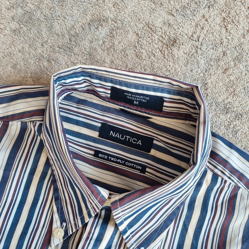 Vintage Nautica Boxy Fit Cropped Shirt Long Sleeve Medium striped multi Button Up Skater Y2K Surf