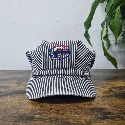 Vintage Train conductor Hat cap one size elastic band black white striped alaska