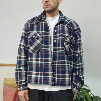 Roper Boxy Fit Cropped Over Shirt heavy weight sherpa lined long Sleeve Large check multi Button up