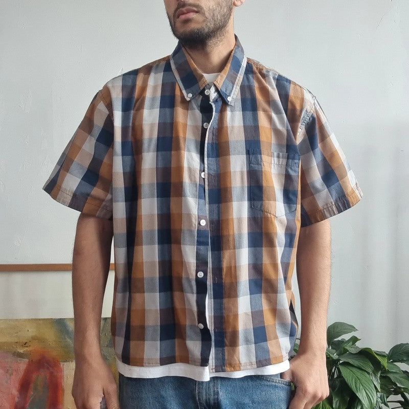 Lee Boxy Fit Cropped Shirt short Sleeve XL check brown blue Button Up Skater Y2K Surf