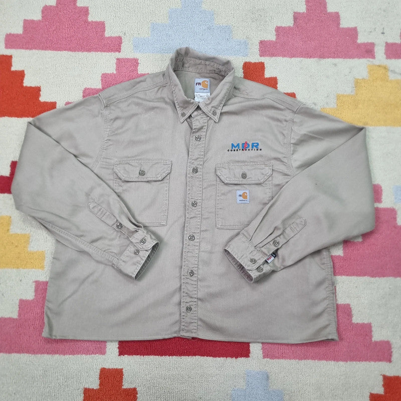 Vintage Carhartt FR Boxy Fit Cropped Shirt Long Sleeve XL plain Beige Button Up Skater Y2K Surf