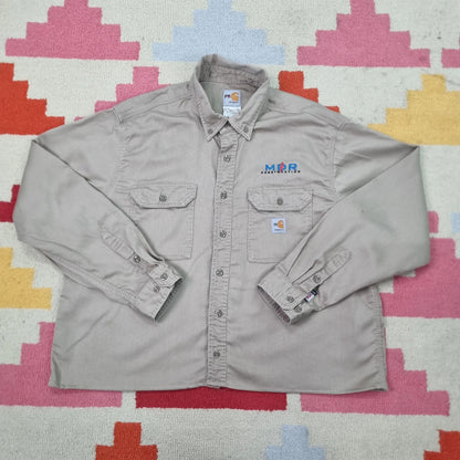 Vintage Carhartt FR Boxy Fit Cropped Shirt Long Sleeve XL plain Beige Button Up Skater Y2K Surf