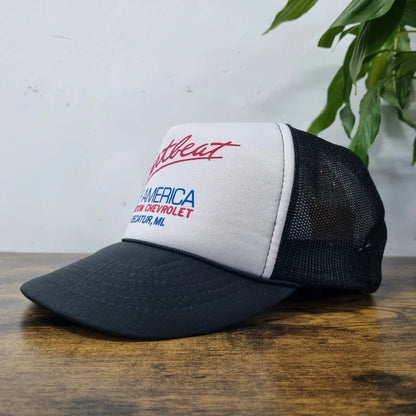 Vintage American Trucker Hat Snapback cap one size adjustable black white heartbeat Chevrolet