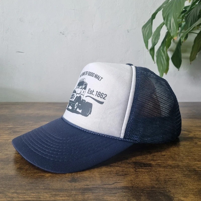 Vintage American Trucker Hat Snapback cap one size adjustable navy white truck Malt company