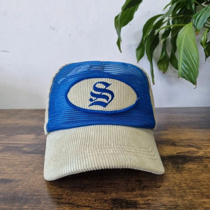 Vintage American Trucker Hat Snapback cap one size adjustable beige blue S logo