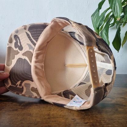 Vintage American Trucker Hat Snapback cap one size adjustable beige khaki camo hole in the wall