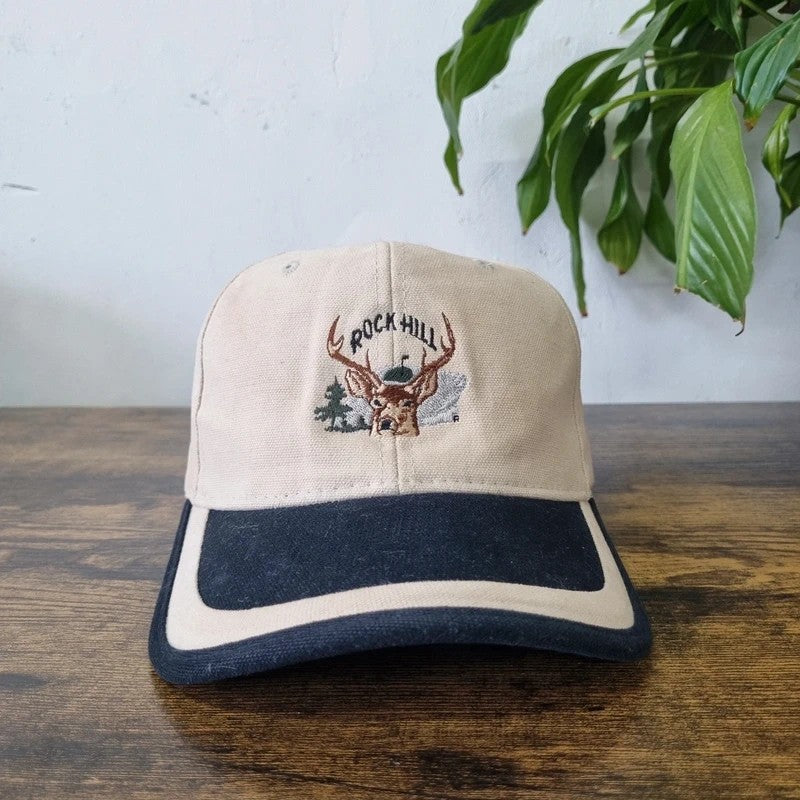 Vintage American Baseball Hat Snapback cap one size adjustable cream black rock Hill deer