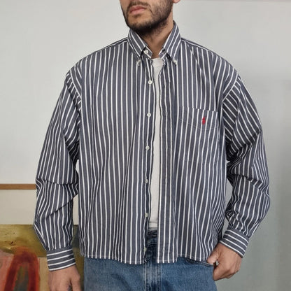 Vintage Ralph Lauren Boxy Fit Cropped Shirt Long Sleeve Medium striped Black Button Up Skater Y2K