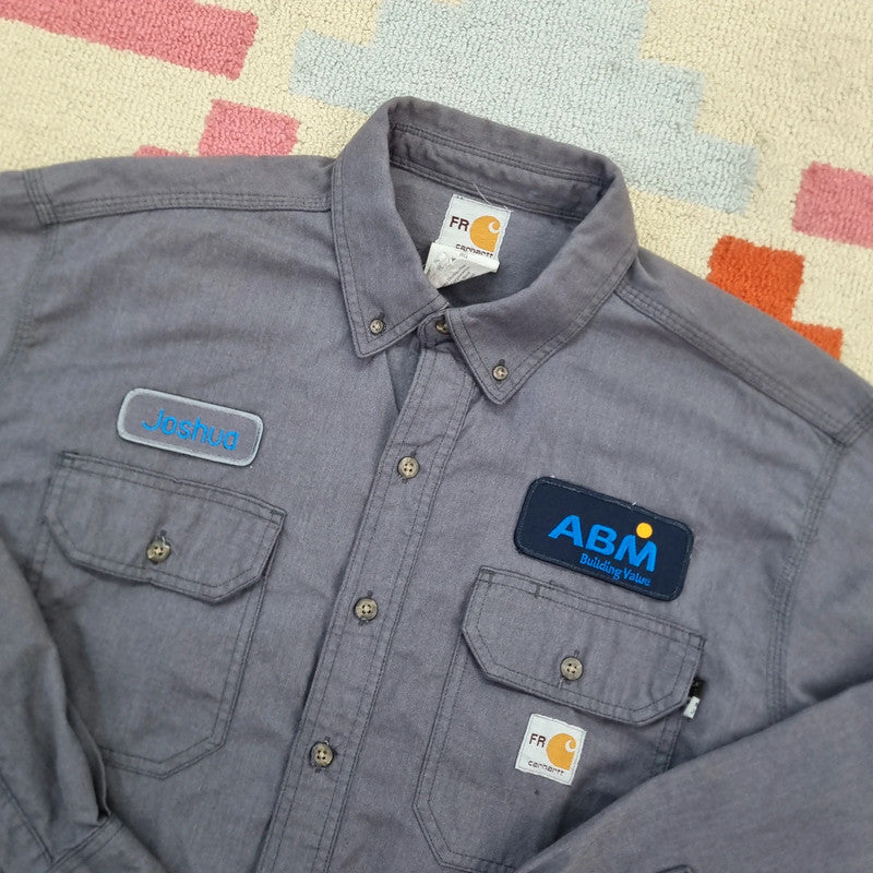 Carhartt FR Boxy Fit Cropped Shirt Long Sleeve large plain grey Button Up Skater Y2K