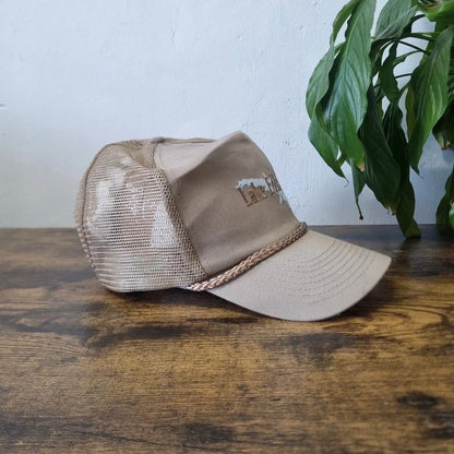 Vintage American Trucker Hat Snapback cap one size adjustable beige lake eddins fishing