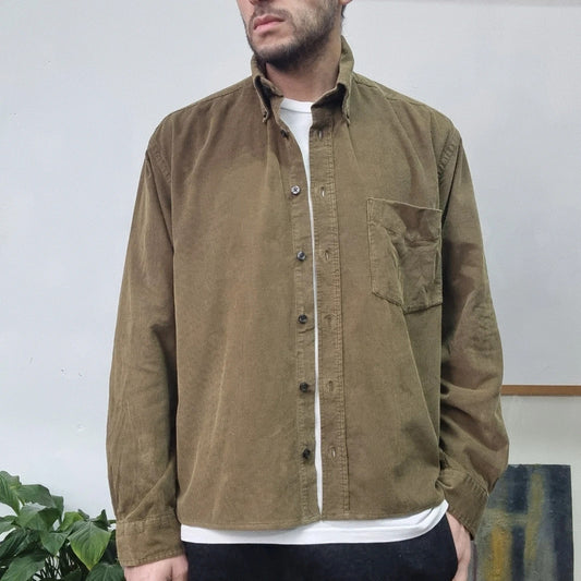 Vintage Corduroy Boxy Fit Cropped Shirt Long Sleeve medoum plain khaki Button Up Skater Y2K Surf