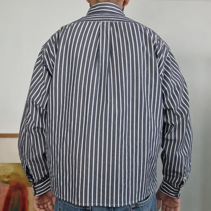 Vintage Ralph Lauren Boxy Fit Cropped Shirt Long Sleeve Medium striped Black Button Up Skater Y2K