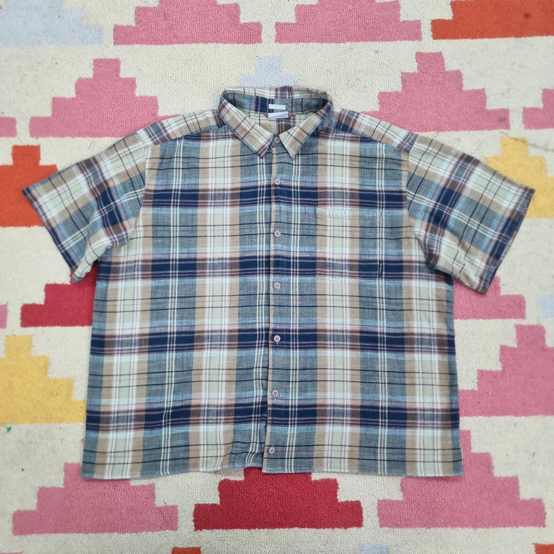 Vintage Columbia Boxy Fit Cropped Shirt short Sleeve XXL Check green Button Up Skater Y2K Surf