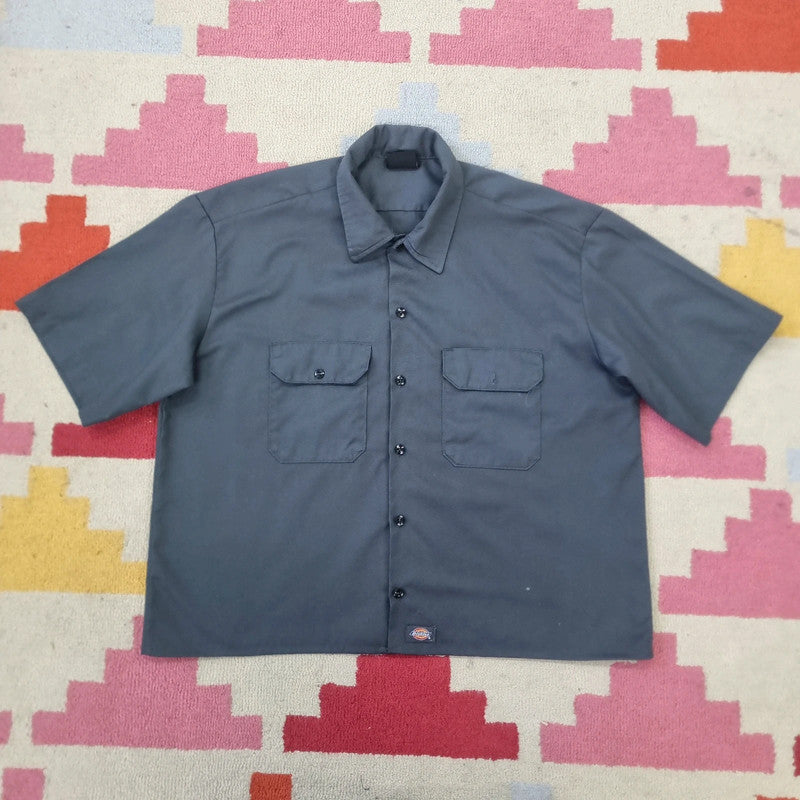 Vintage Dickies Boxy Fit Cropped Shirt Short Sleeve XL plain Grey Button Up NY Yankees