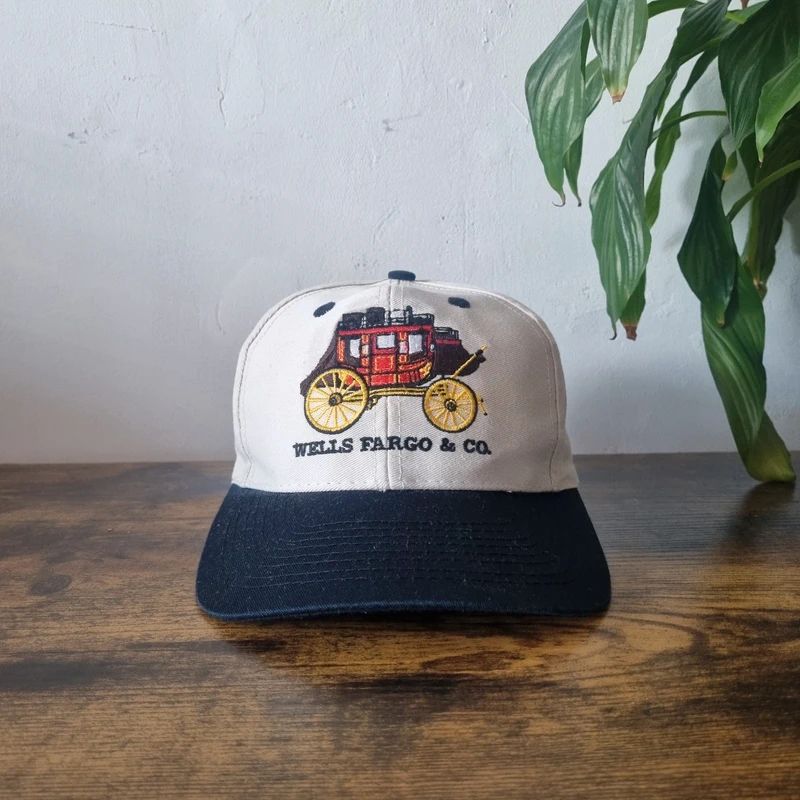Vintage American Baseball Hat Snapback cap one size adjustable cream black wells fargo
