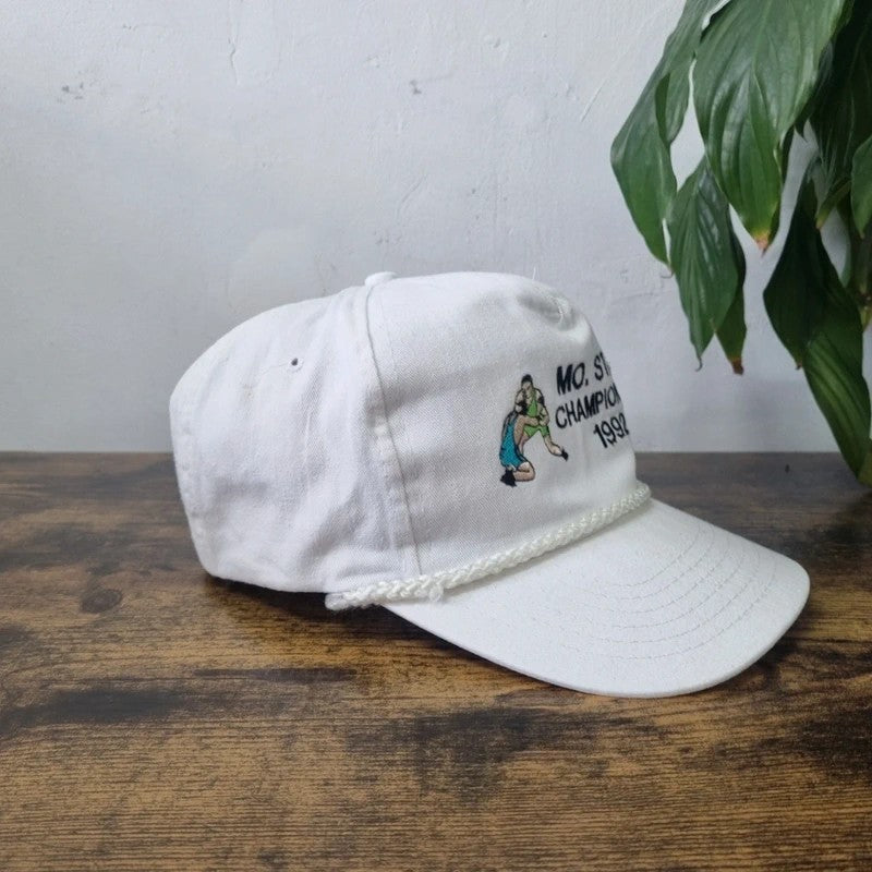 Vintage American Trucker Hat Snapback cap one size white mo state championship wrestling 90s