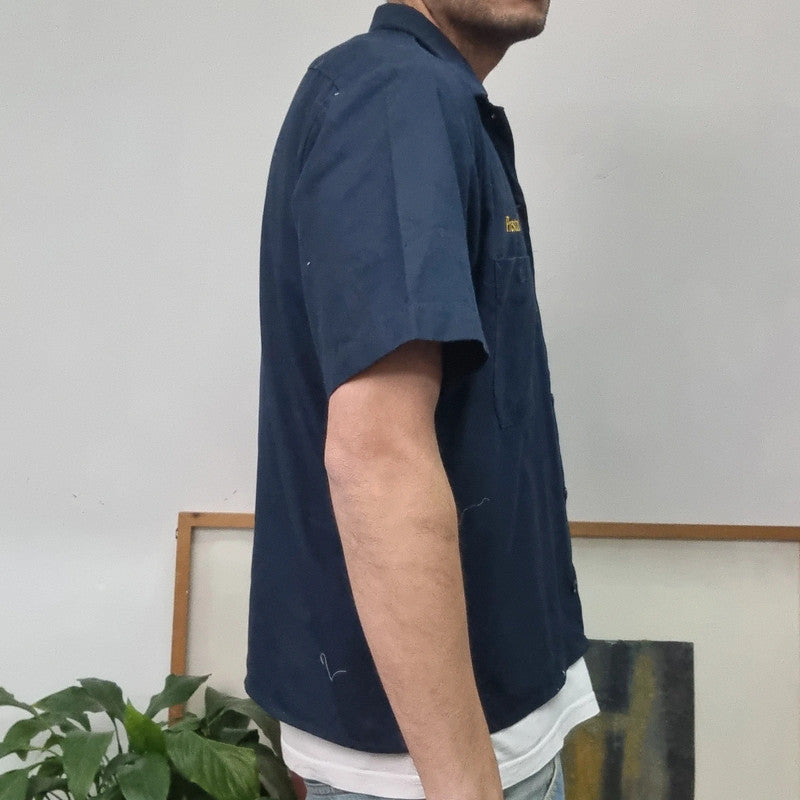 Vintage Dickies Boxy Fit Cropped Shirt Short Sleeve Medium plain Blue Button Up Skater Y2K Surf