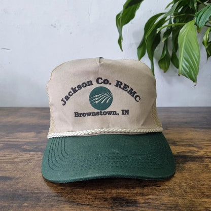 Vintage American Trucker Hat Snapback cap one size adjustable beige green Jackson co farming