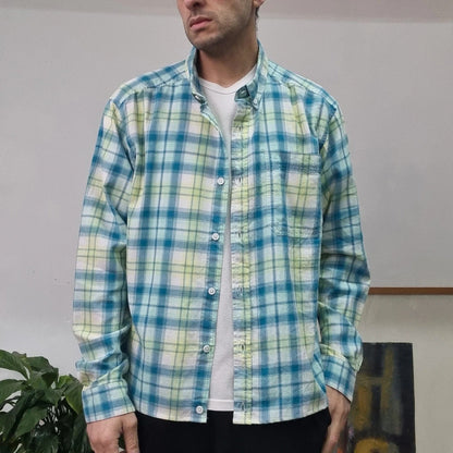 Vintage Columbia Boxy Fit Cropped Shirt Long Sleeve XL Check Blue Button Up Skater Y2K Surf