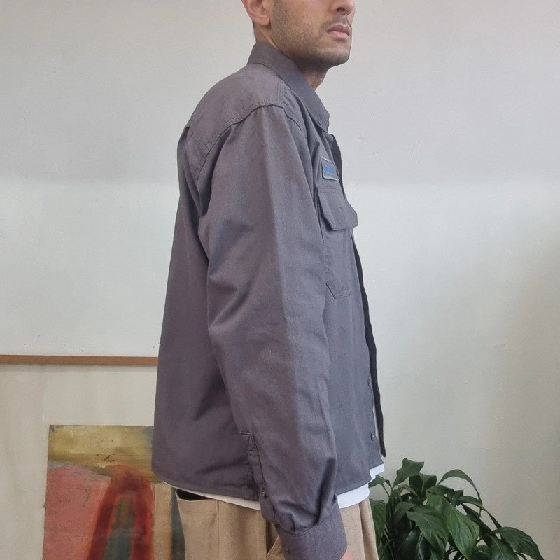 Vintage Carhartt FR Boxy Fit Cropped Shirt Long Sleeve large plain Grey Button Up Skater Y2K