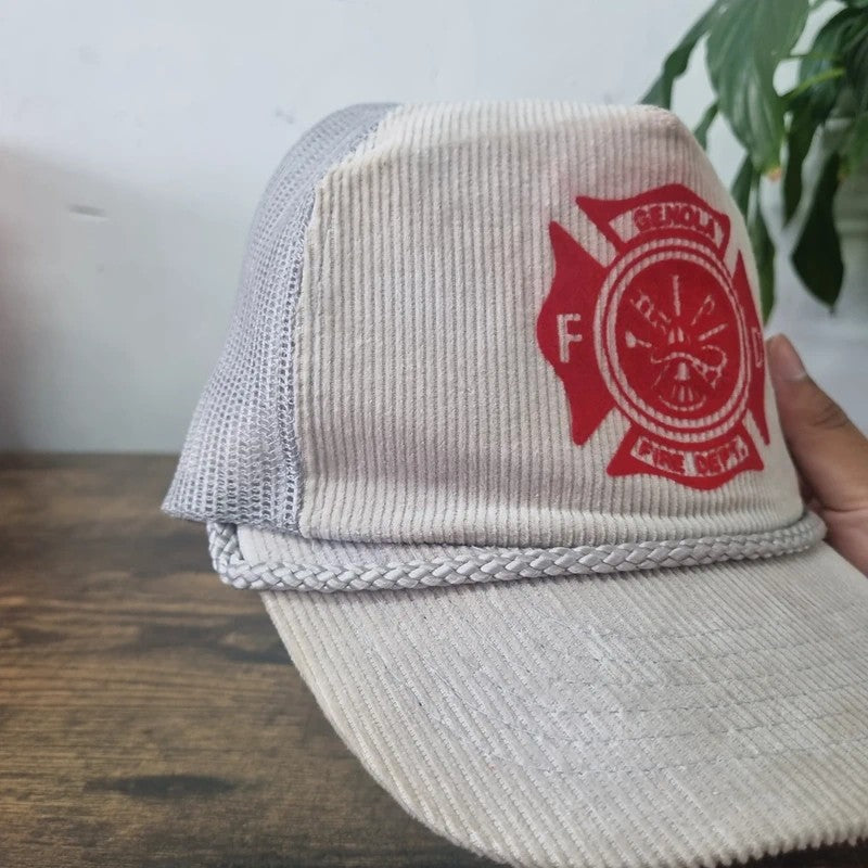 Vintage American Trucker Hat Snapback cap one size grey red genola fire dept.