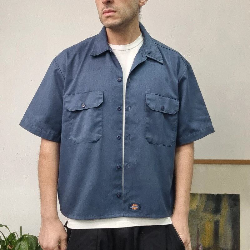 Vintage Dickies Boxy Fit Cropped Shirt Short Sleeve large plain Black Button Up Skater Y2K Surf