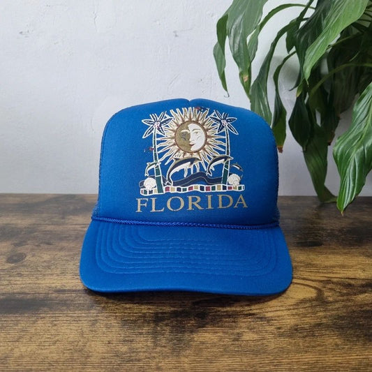 Vintage American Trucker Hat Snapback cap one size adjustable Florida Sun dolphin blue