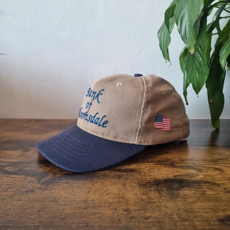 Vintage American baseball Hat Snapback cap one size adjustable beige navy bank of bloomsdale