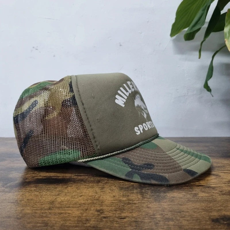 Vintage American Trucker Hat Snapback cap one size adjustable khaki camo fishing millerville fish