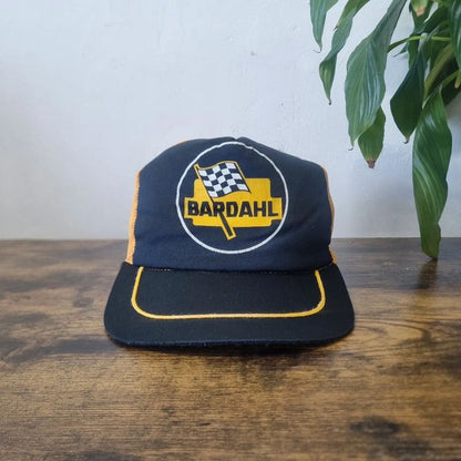 Vintage American Trucker Hat Snapback cap one size adjustable black yellow bardahl racing