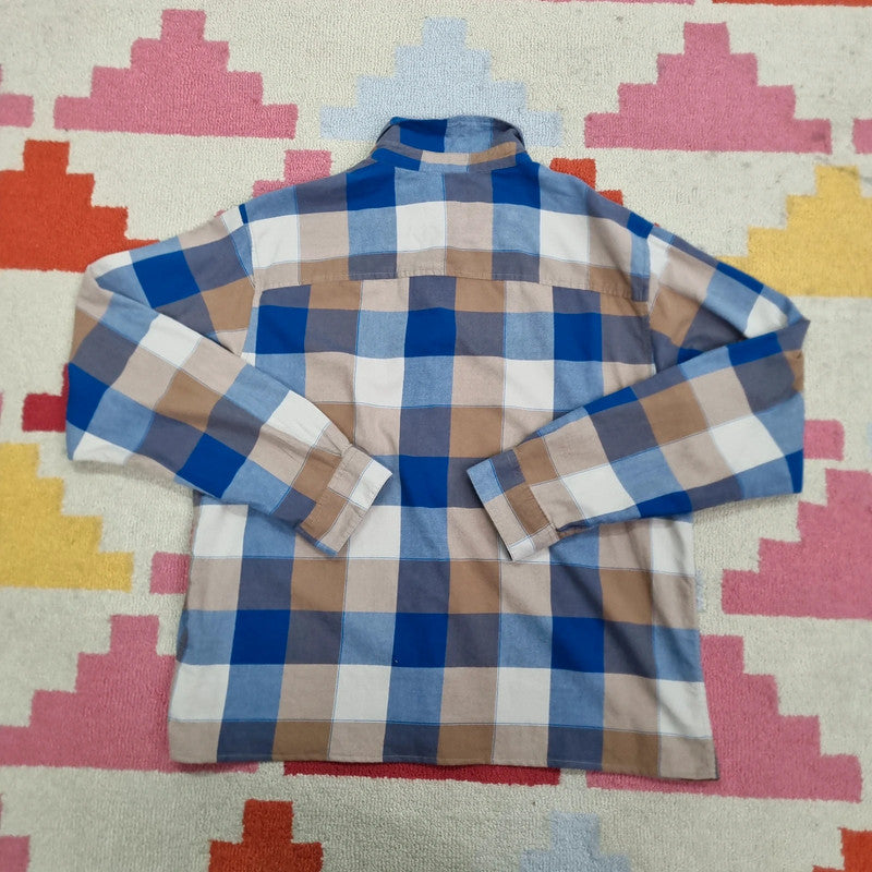 Vintage Columbia Boxy Fit Cropped Shirt Long Sleeve large Check Blue Button Up Skater Y2K Surf